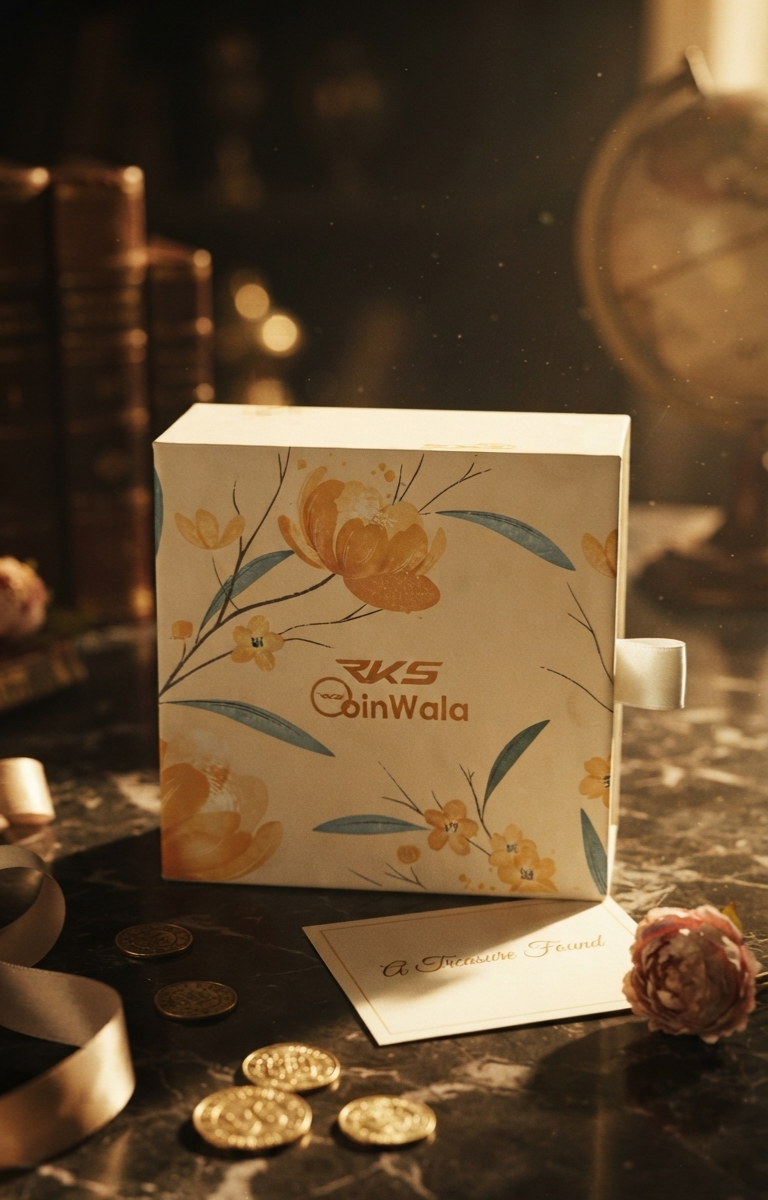 FLOWER SHAPE 10GM GOLD PLATED RAJA COIN WITH PREMIUM BOX AND CAPSULE PACKAGING