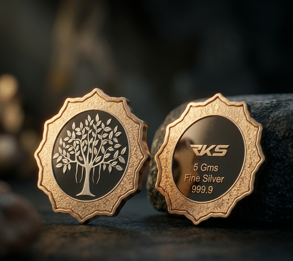BANYAN TREE GOLD PLATED SILVER 5GM LOTUS SHAPE COIN WITH PREMIUM BOX AND CAPSULE PACKAGING