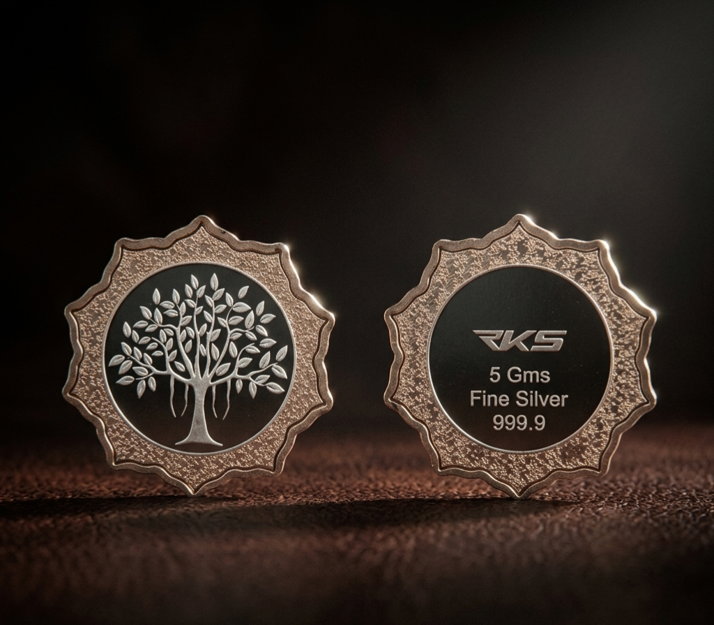 FLOWER SHAPE 5GM ROSE GOLD PLATED BANYAN TREE COIN WITH PREMIUM BOX AND CAPSULE PACKAGING
