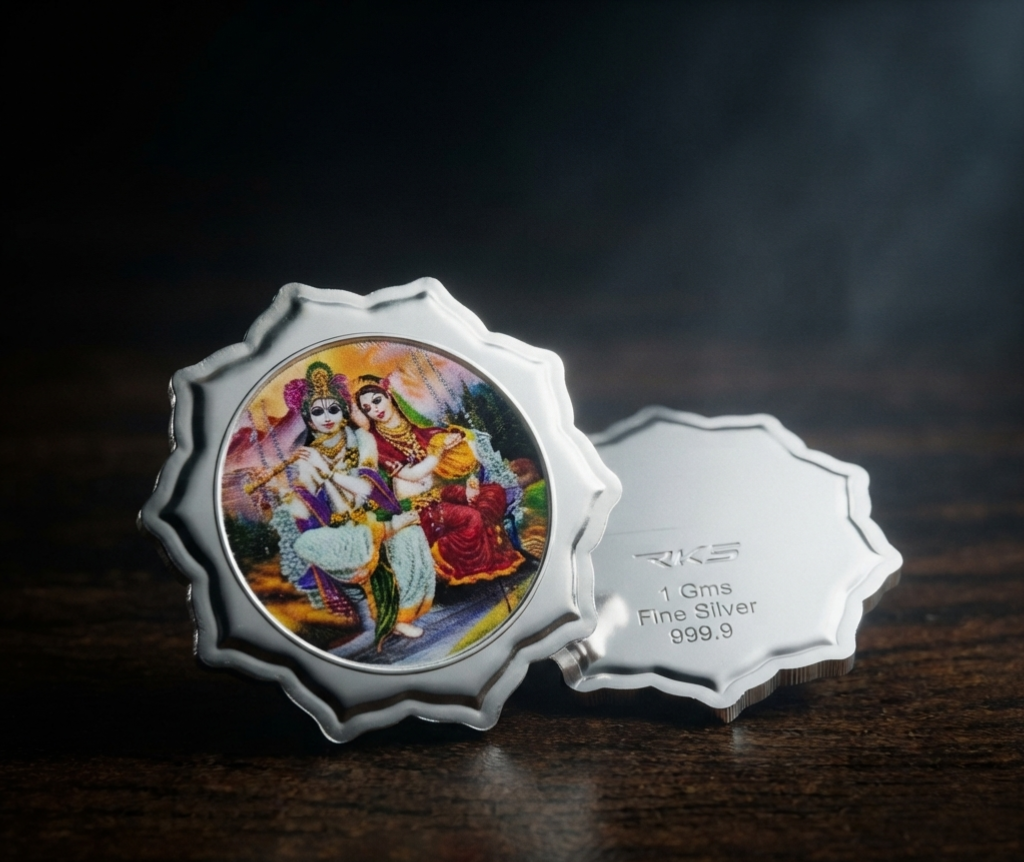 RADHA KRISHAN 1GM COLOURED COIN WITH PREMIUM BOX AND CAPSULE PACKAGING