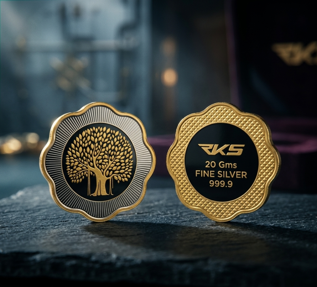 BANYAN TREE 20 GM GOLD PLATED SILVER FLOWER SHAPE COIN WITH PREMIUM BOX AND CAPSULE PACKAGING
