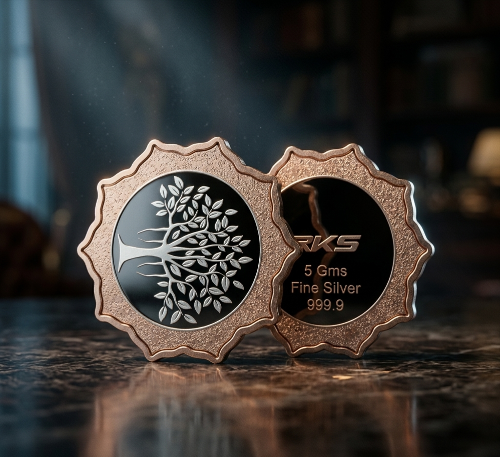 FLOWER SHAPE 5GM ROSE GOLD PLATED BANYAN TREE COIN WITH PREMIUM BOX AND CAPSULE PACKAGING